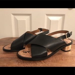Sam Edelman Black Leather Gold Heeled Sandals